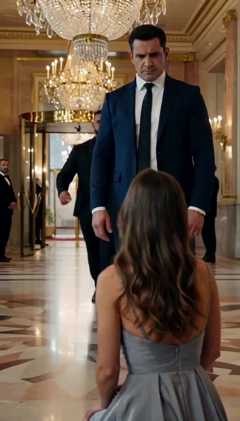 A stern bodyguard in a suit stands protectively before the fallen woman in the grand foyer
