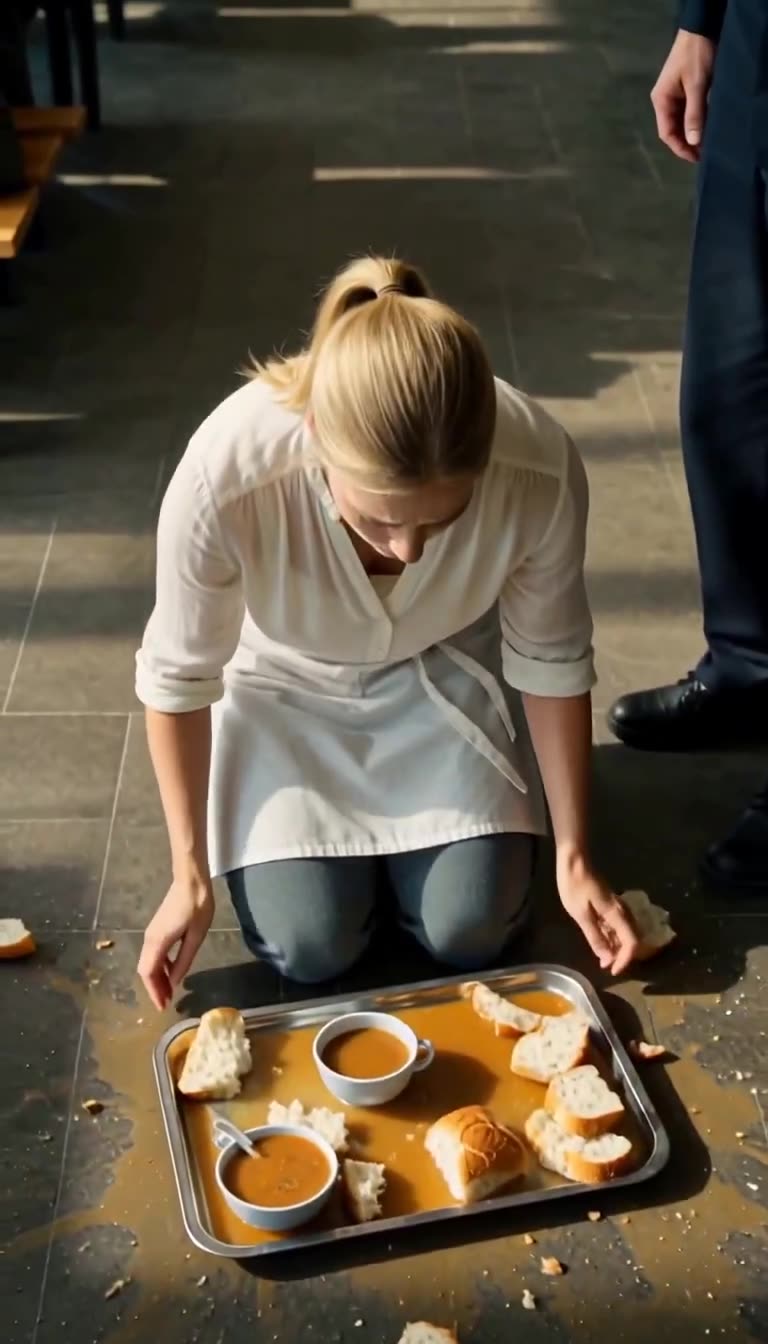 Das Tablett stürzt scheppernd zu Boden und Clara kniet schockiert inmitten der verschütteten Mahlzeit.