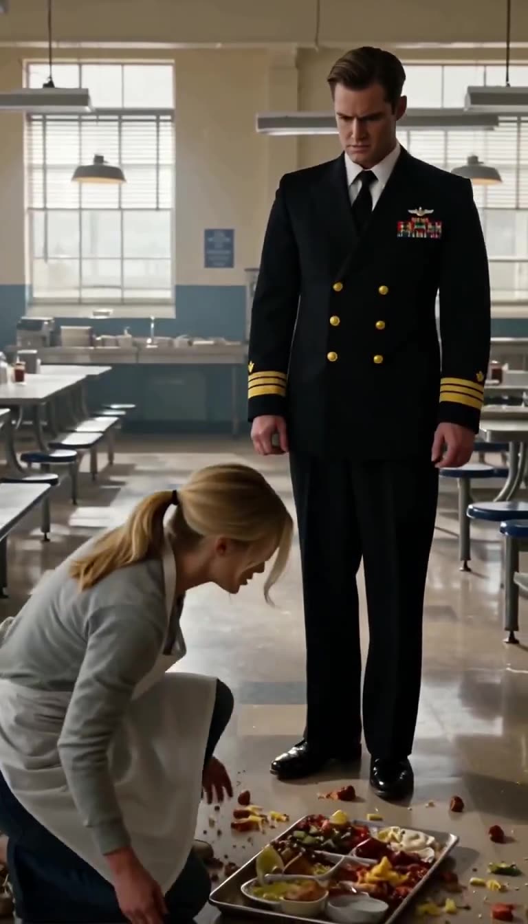 Sarah crouches on the dining floor cleaning up dropped food as Bryce stands over her