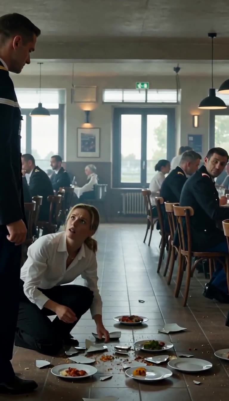 Clara looks up in shock and defiance at Lucas while surrounding French military officers look on.