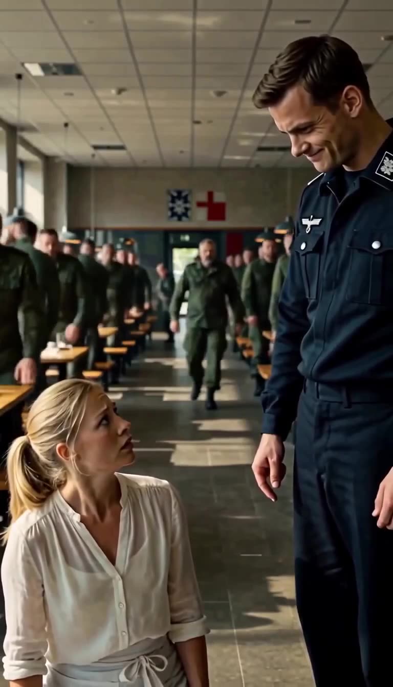 Oberleutnant von Falkenstein mustert die am Boden liegende Küchenhilfe mit herablassendem Hohn.