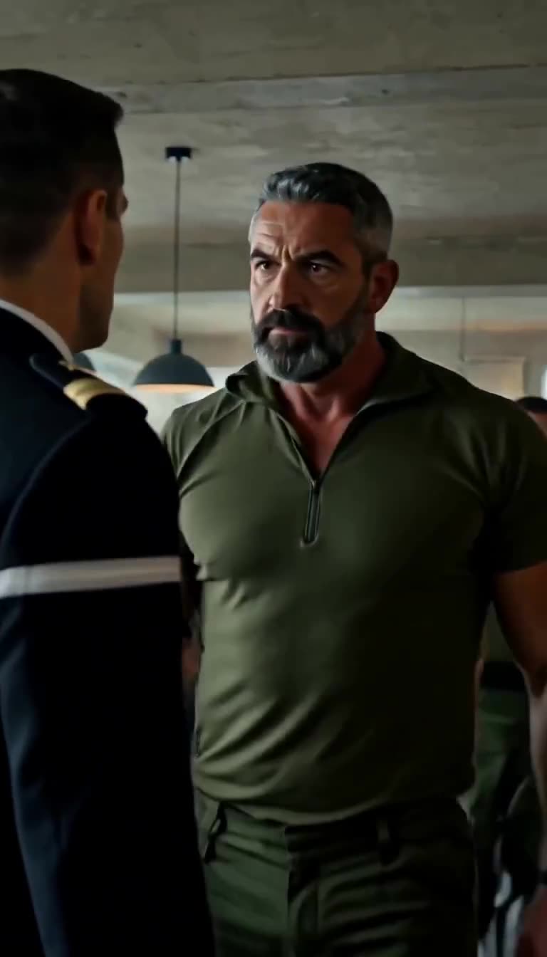 Bearded commander Marc confronts Lucas face-to-face with an intense and commanding glare.