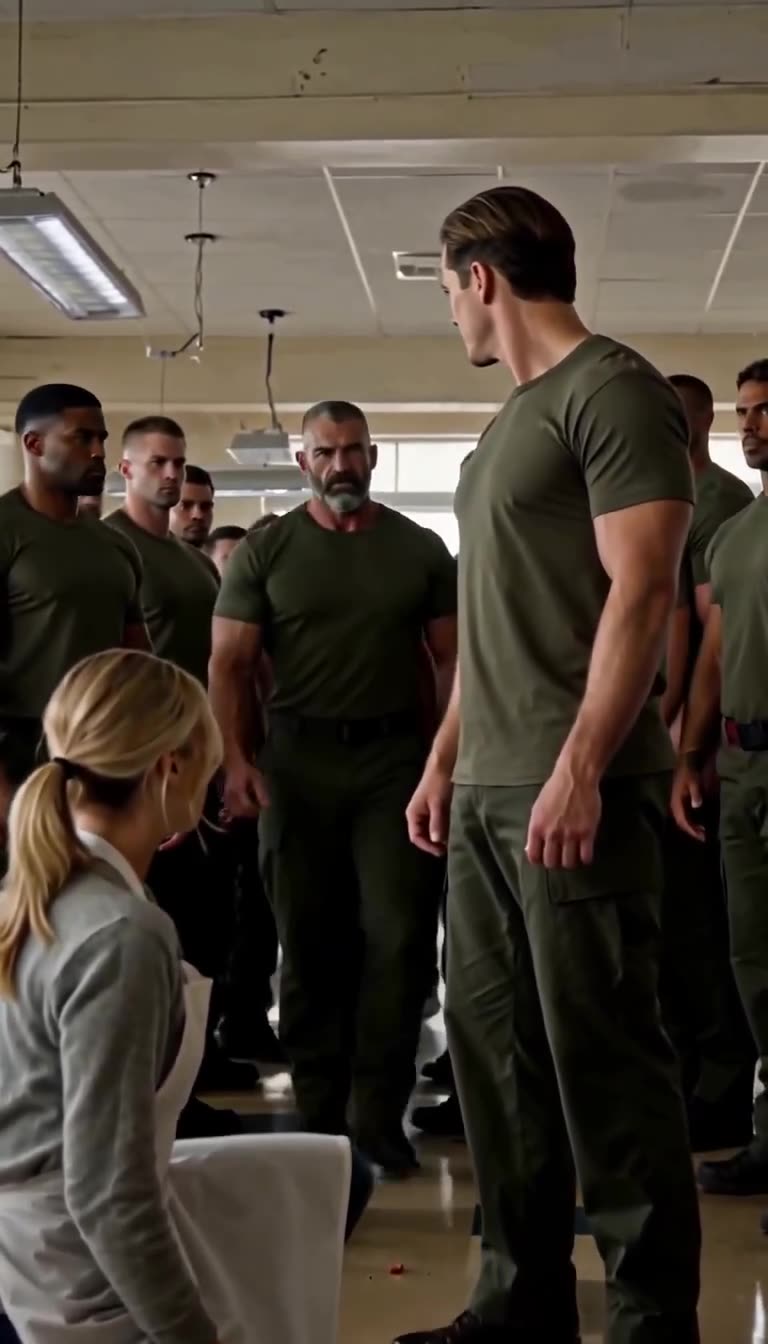 A squad of muscular soldiers dressed in olive-drab shirts stands up behind Bryce to confront him.