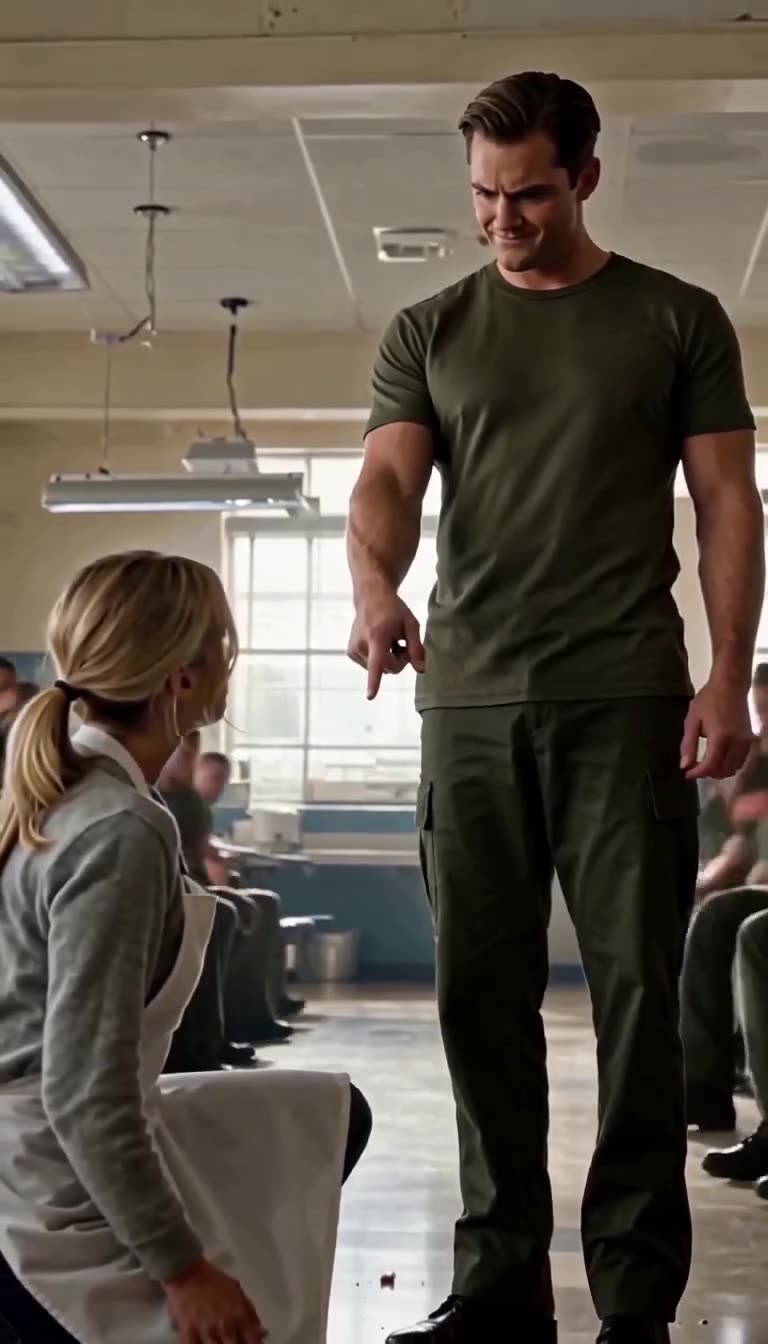 Sterling stands menacingly over Sarah while pointing at the floor and mocking her