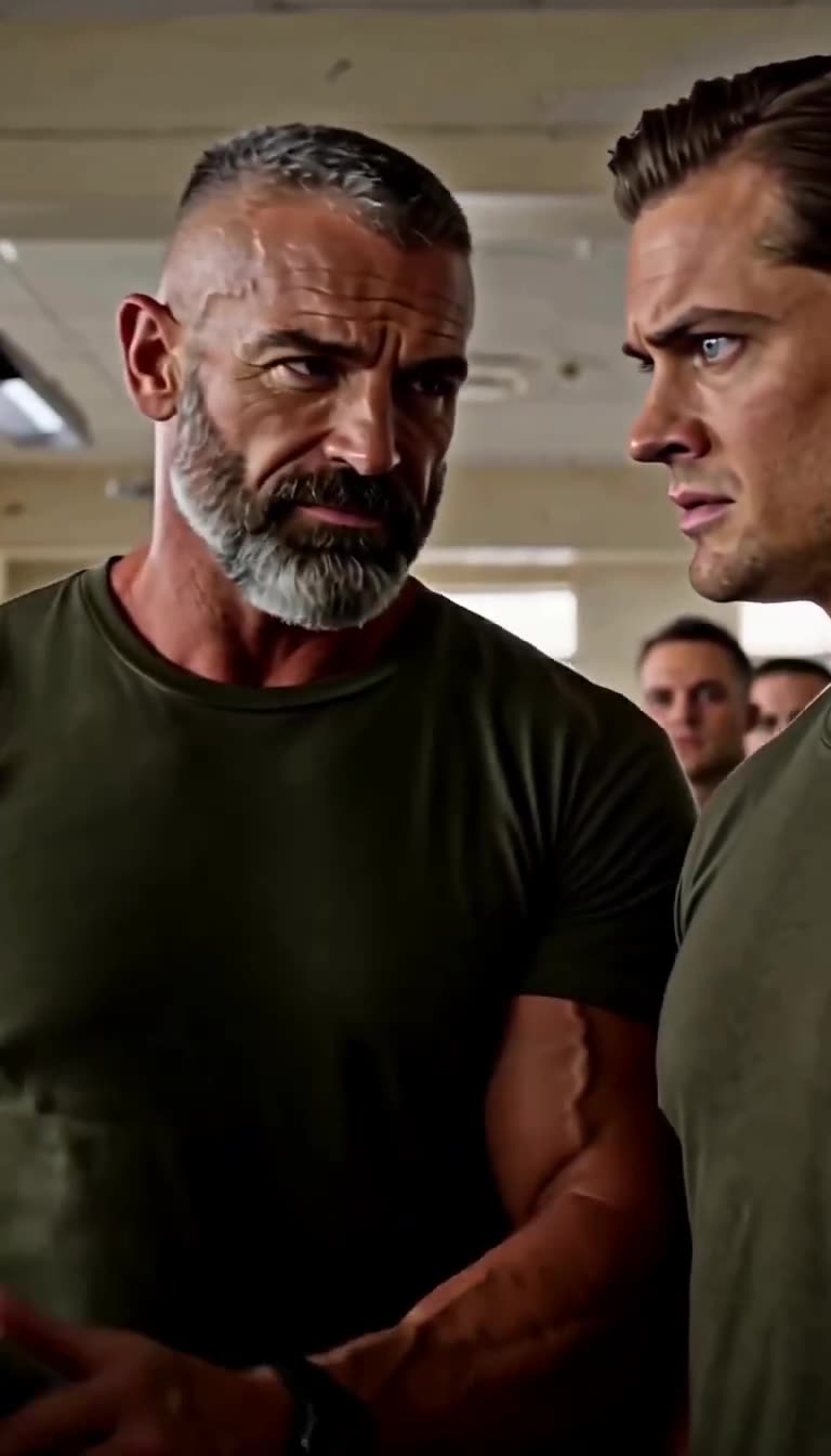 Commander Marcus locks eyes with Bryce as tension mounts across the military training hall