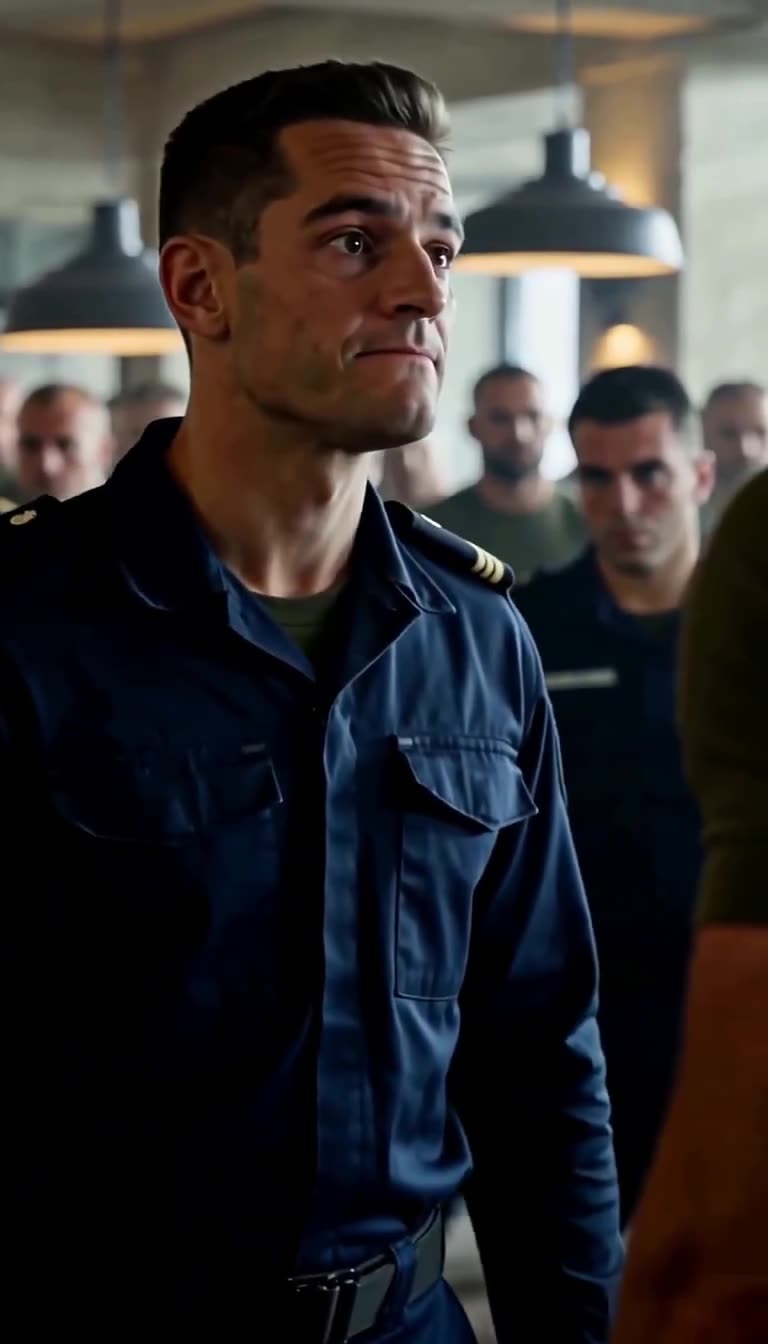 Lucas attempting a nervous smirk while pulling at his uniform sleeve under Marc's intense stare.