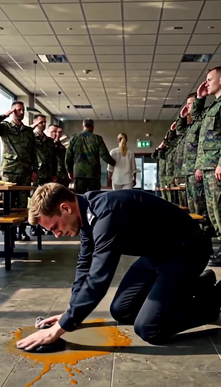 Lukas wischt den Boden, während die Soldaten für Clara salutieren