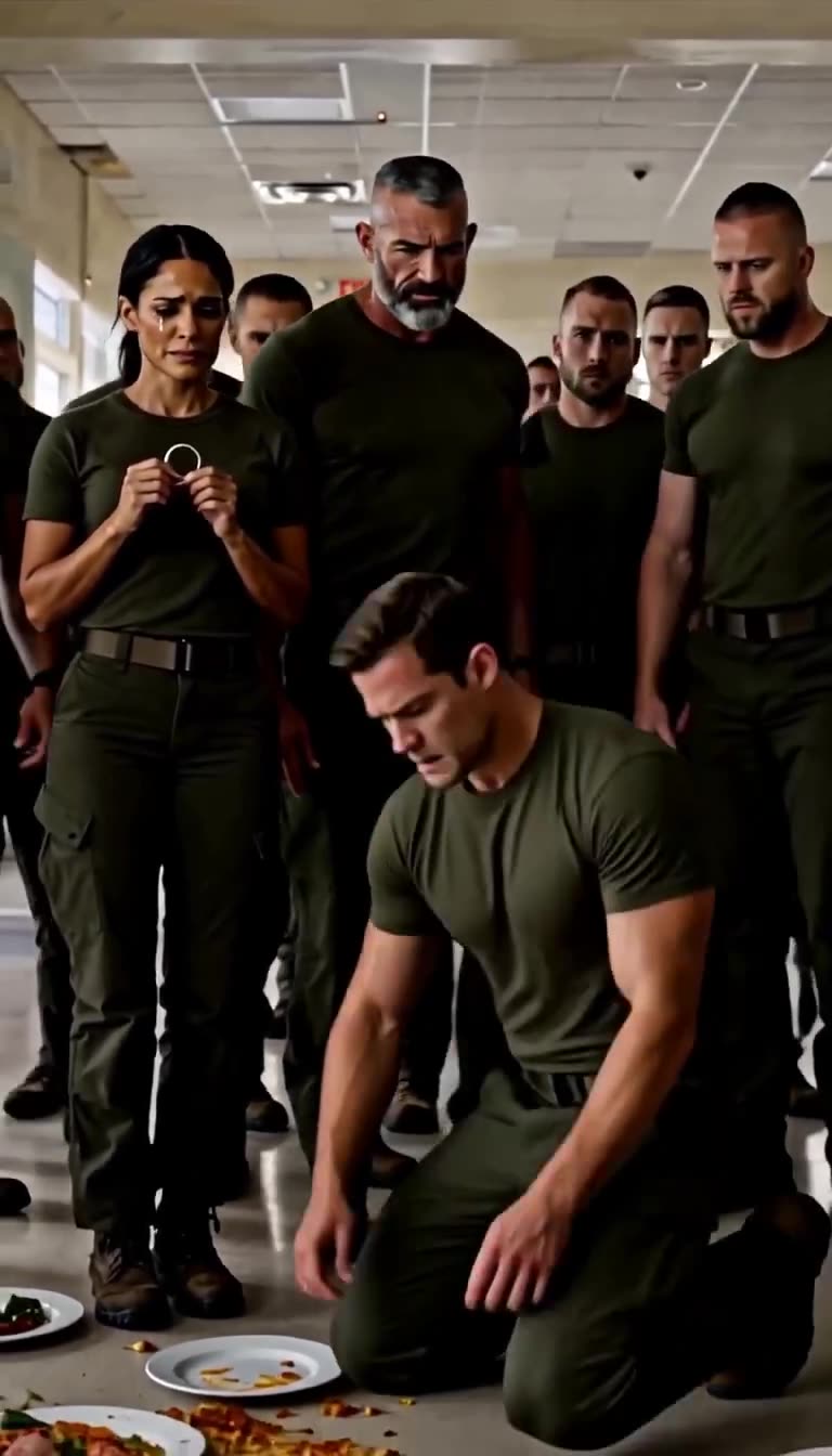 Officer Bryce drops to his knees on the mess hall floor before Marcus and the unit.