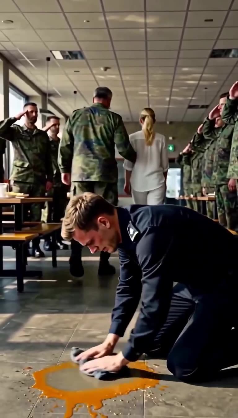 Sterling schrubbt gedemütigt den Boden auf Knien, während die Elite-Soldaten im Hintergrund für Sarah salutieren