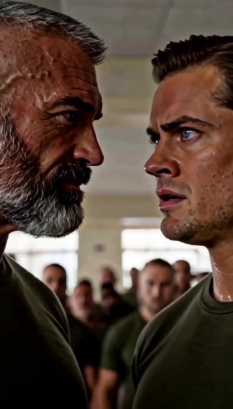 Master Chief Miller stares down Lieutenant Sterling in a tense, face-to-face confrontation