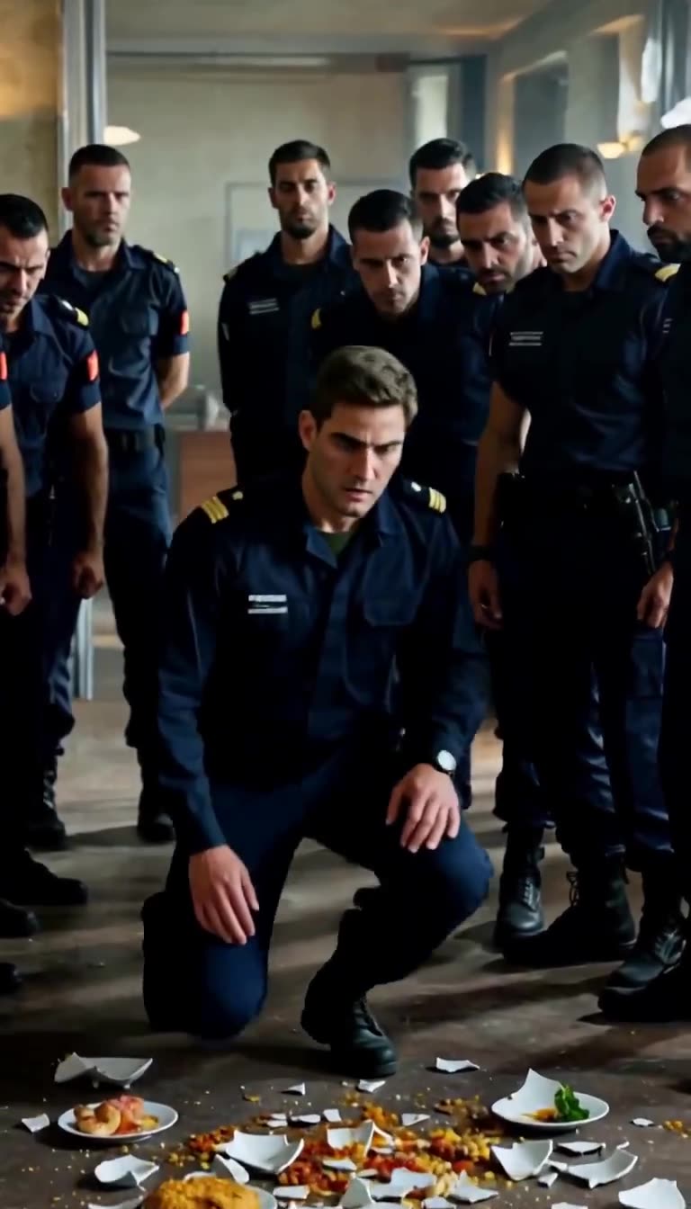 Lucas drops to his knees on the mess hall floor surrounded by commanding officers.