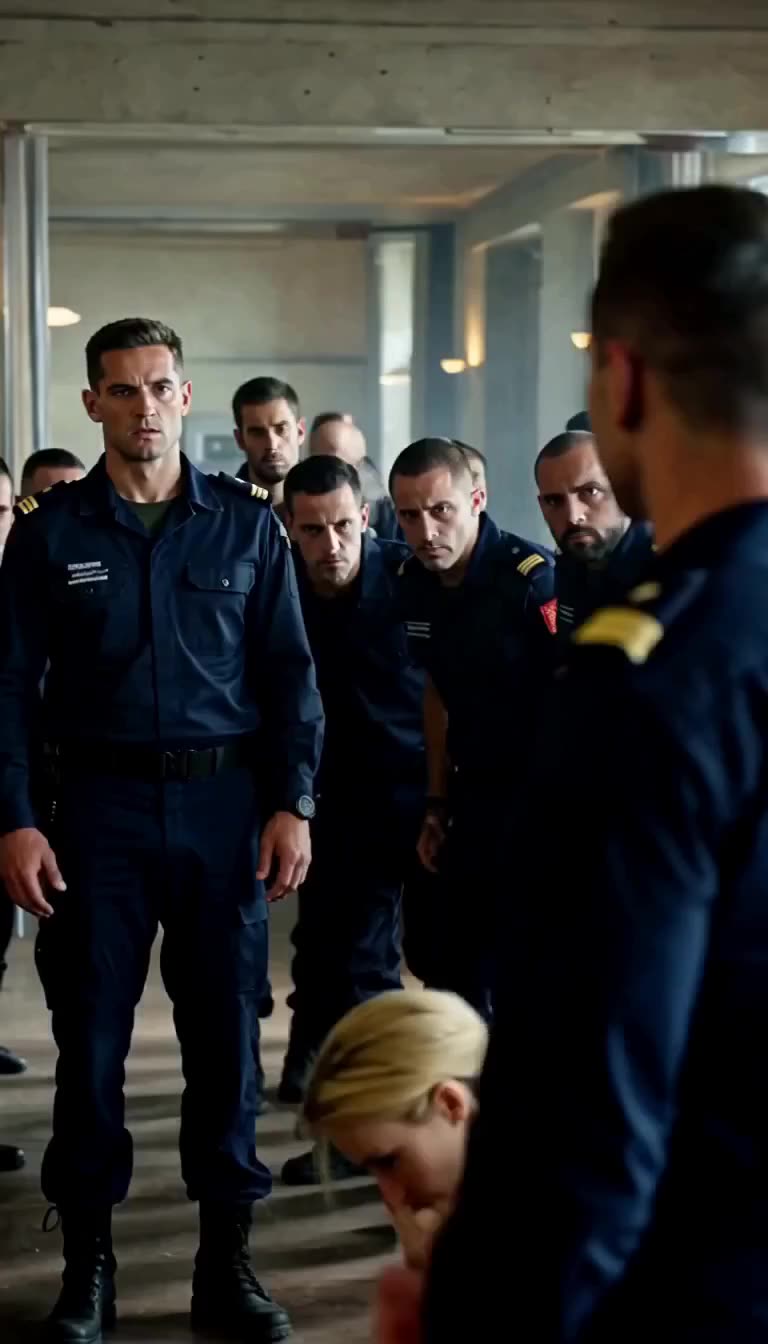 Elite commandos rising from their tables as Sarah sits injured on the floor before Sterling.