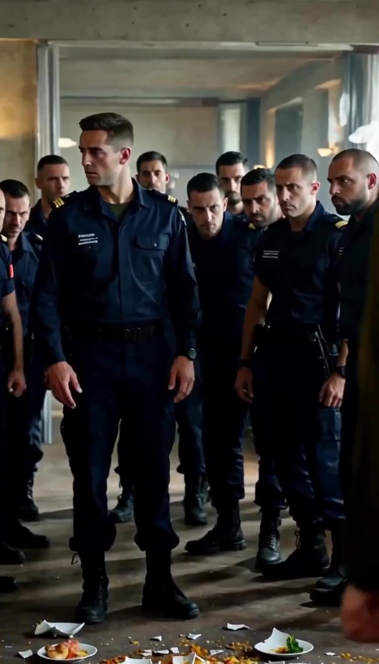 A wall of elite special forces operators confronting the desk officer over broken mess hall plates.
