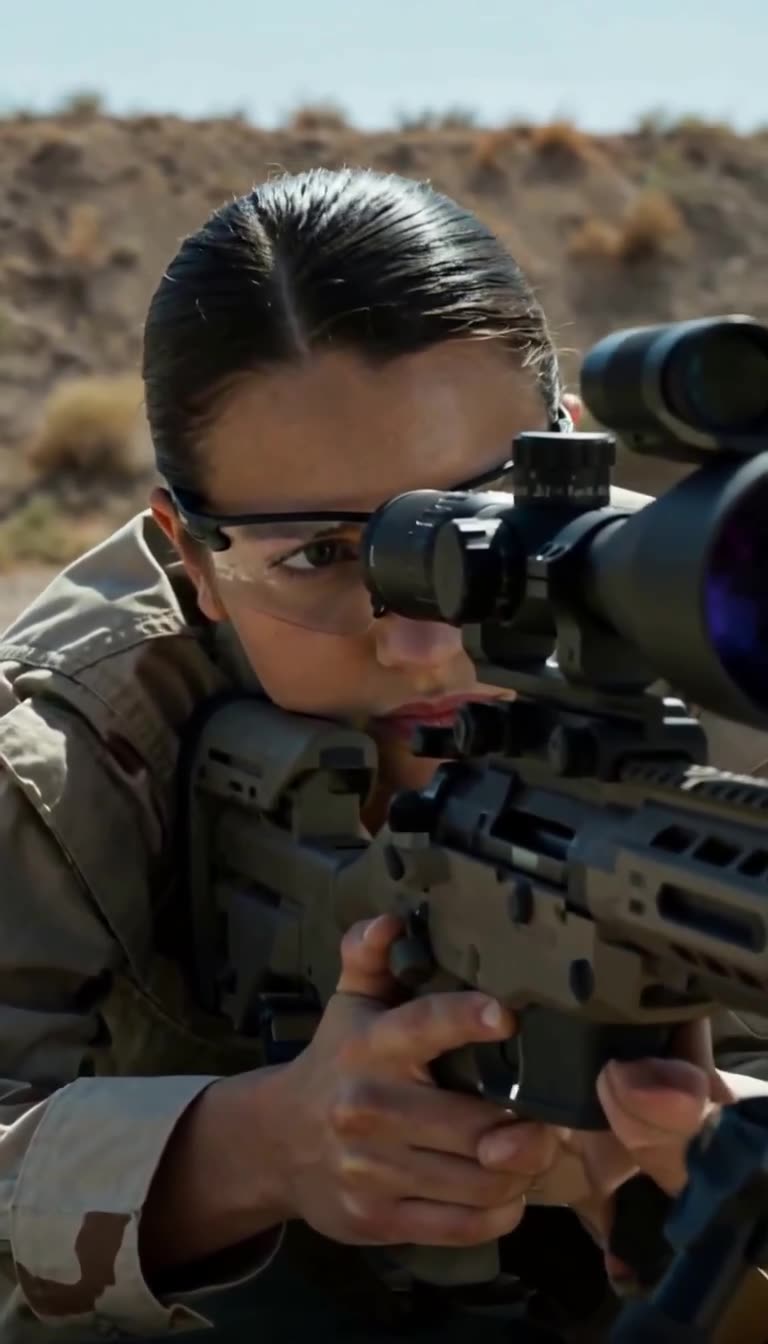 Close-up of Nora sighting through her long-range precision rifle optic