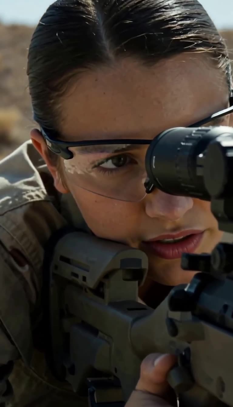 Extreme close-up of marksman Nora maintaining target lock through the eyepiece