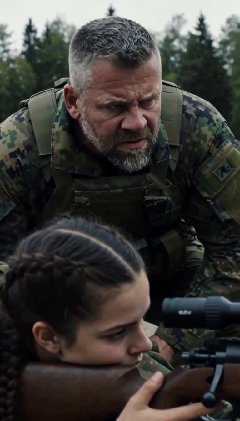 Ausbilder Miller beugt sich mit finsterem Blick über die fokussierte Schützin herab.