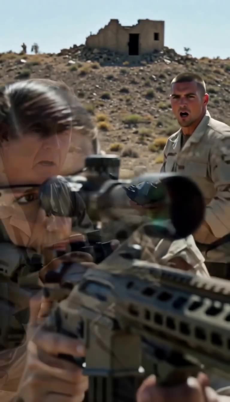 Jackson urgently shouts warnings from behind Nora's sniper rifle on the desert ridge.