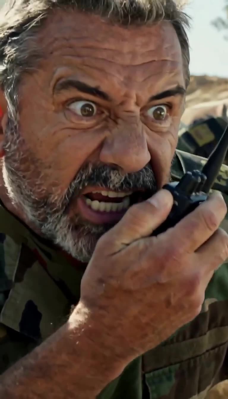 The commander screams a desperate cease-fire order into the radio transceiver on the rocky ridge.