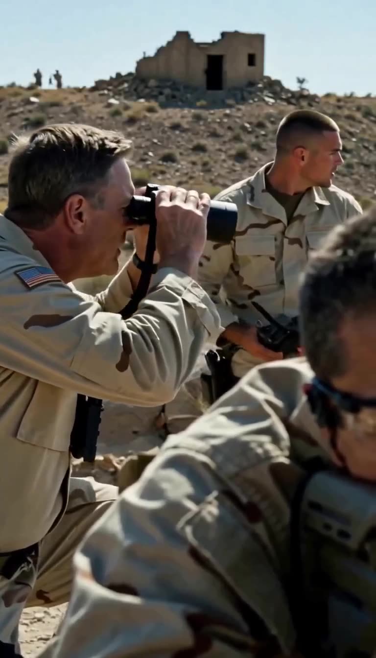 Master Chief Miller scans the distant Nevada range with binoculars as fellow operators stand watch.