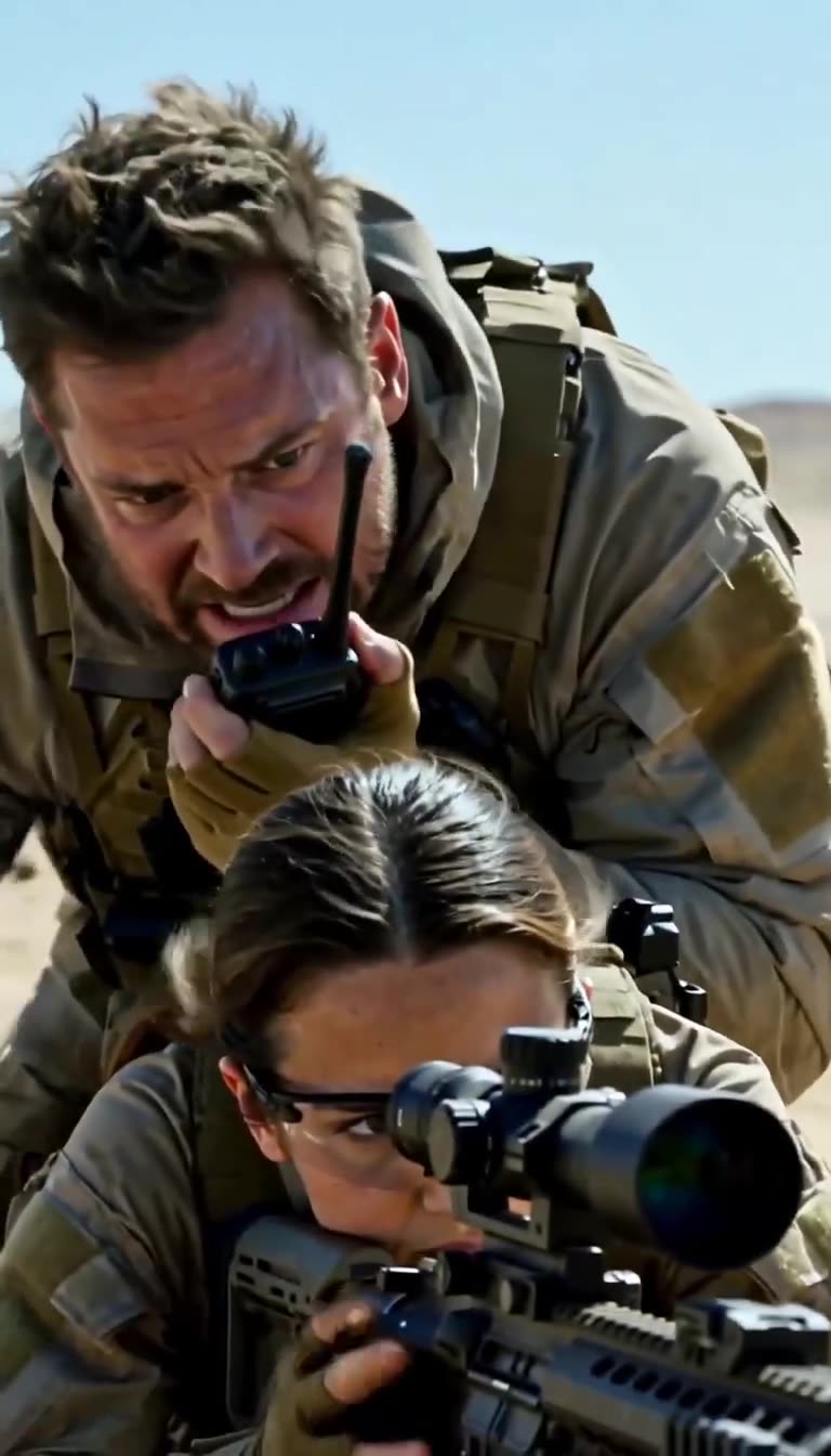 Commander Miller shouting into a dead handheld radio behind Nora on the desert ridge