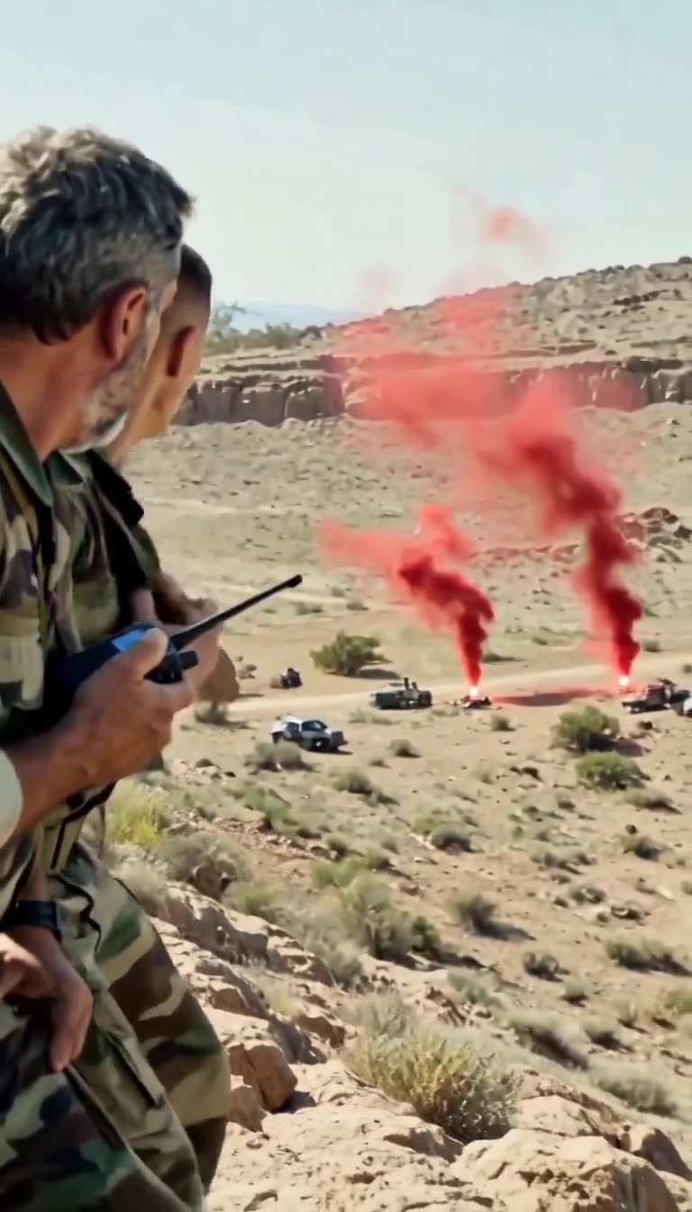 Two plumes of thick crimson smoke billow from the desert floor beneath the rocky observation ridge.