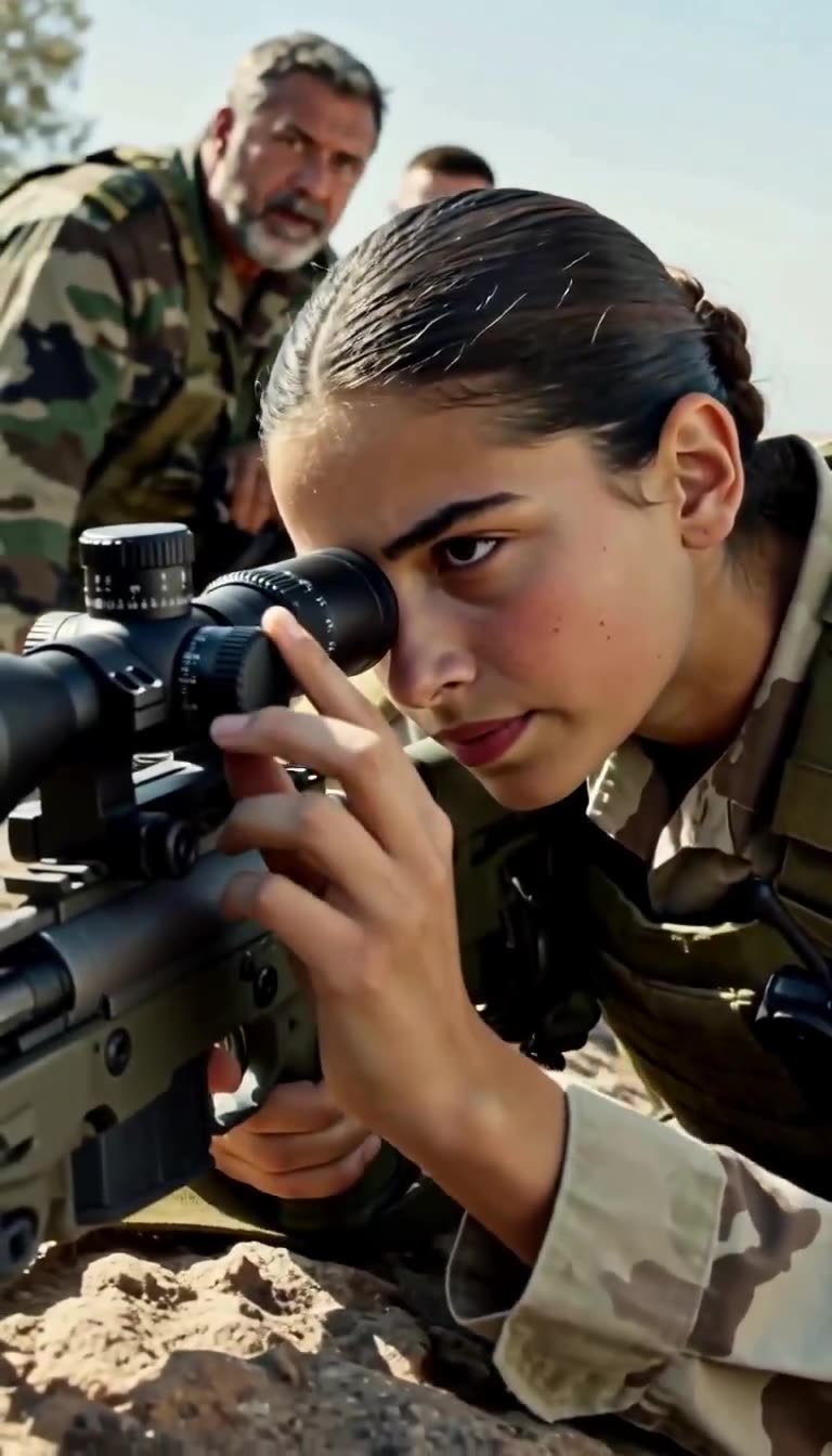 Nineteen-year-old sniper Nora calmly sights through her rifle scope while Moreau watches from behind.