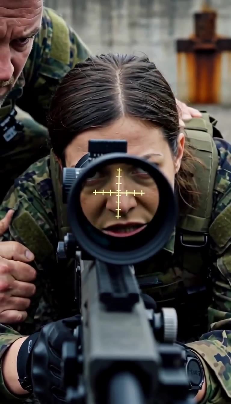 Noras fokussierter Blick direkt hinter der Optik des Gewehrs kurz vor der Schussabgabe.