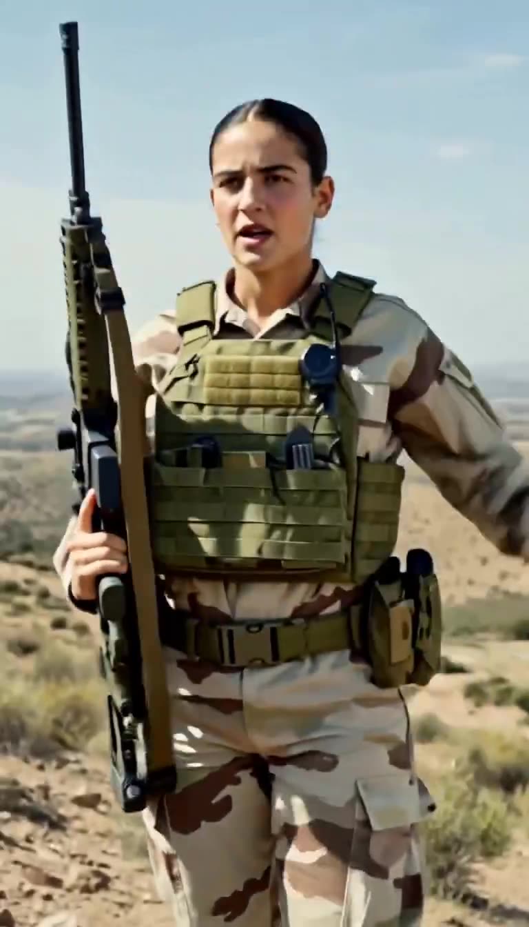 Nora standing upright holding her sniper rifle against the arid landscape, calmly delivering her status report