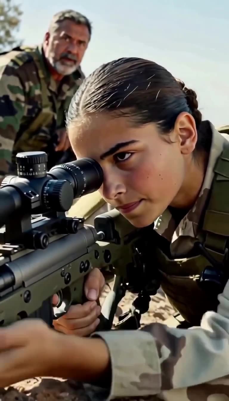 A young female sniper zeroes in through her scope under the watchful eye of a veteran officer