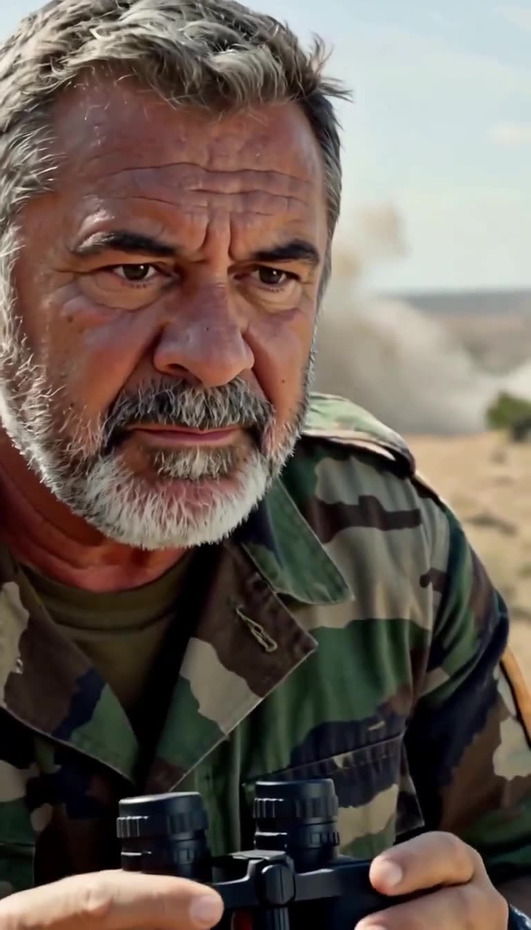 A senior military officer peers through binoculars with a stunned and serious expression