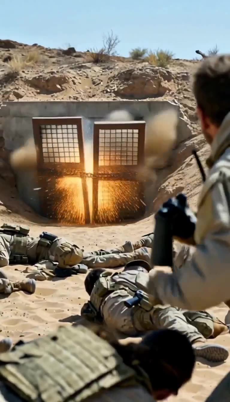 Sparks erupt as a sniper bullet shatters the iron chain locking the desert bunker gate