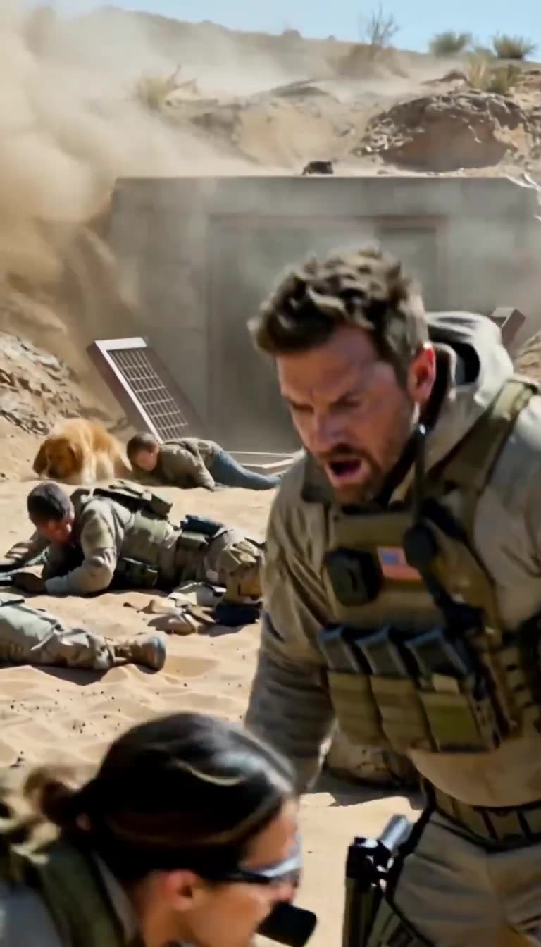 Commander Miller gasps in disbelief as a young boy and golden dog escape the opened bunker