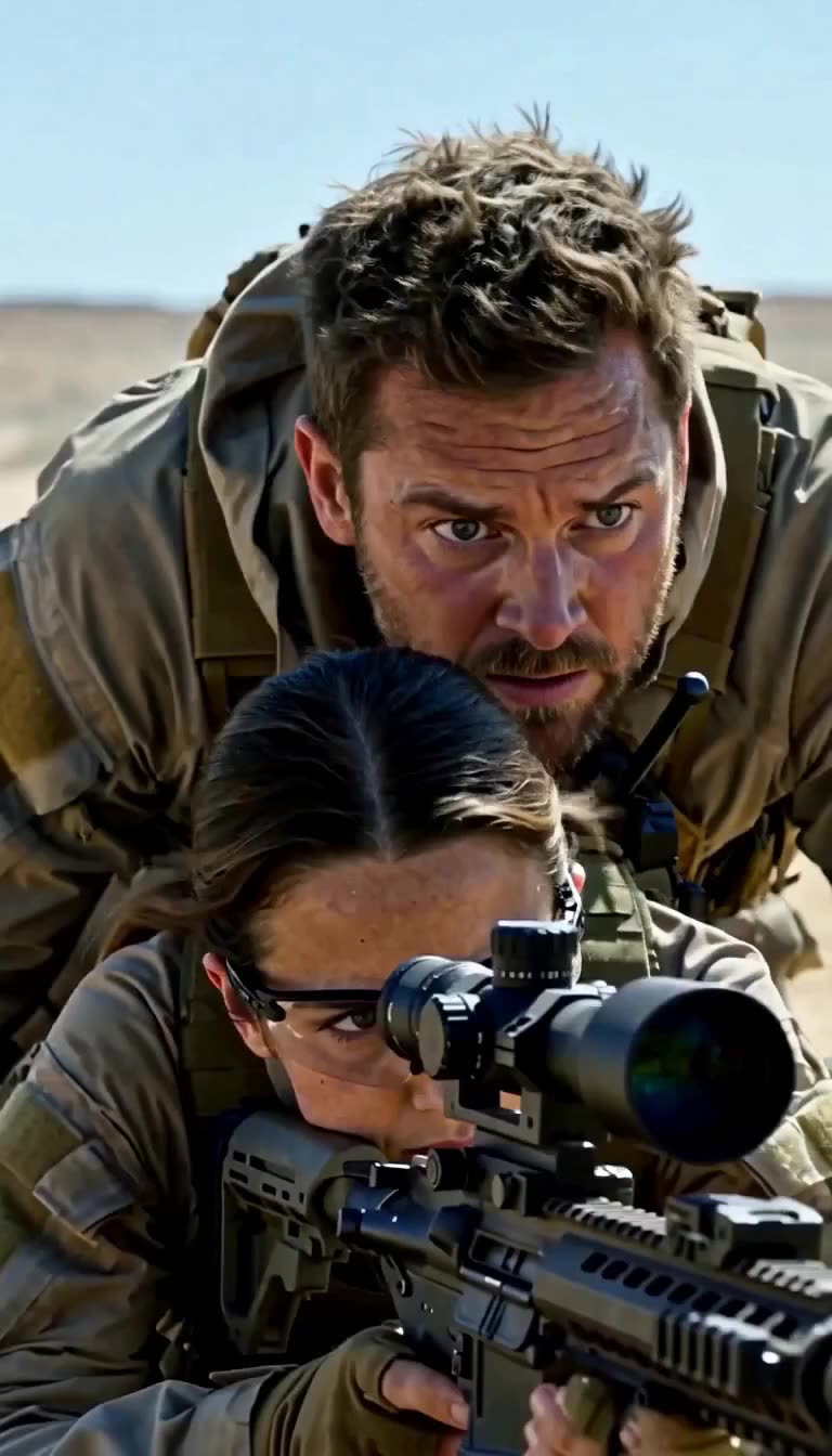 The commander watches with intense focus beside the young sniper locked onto her target