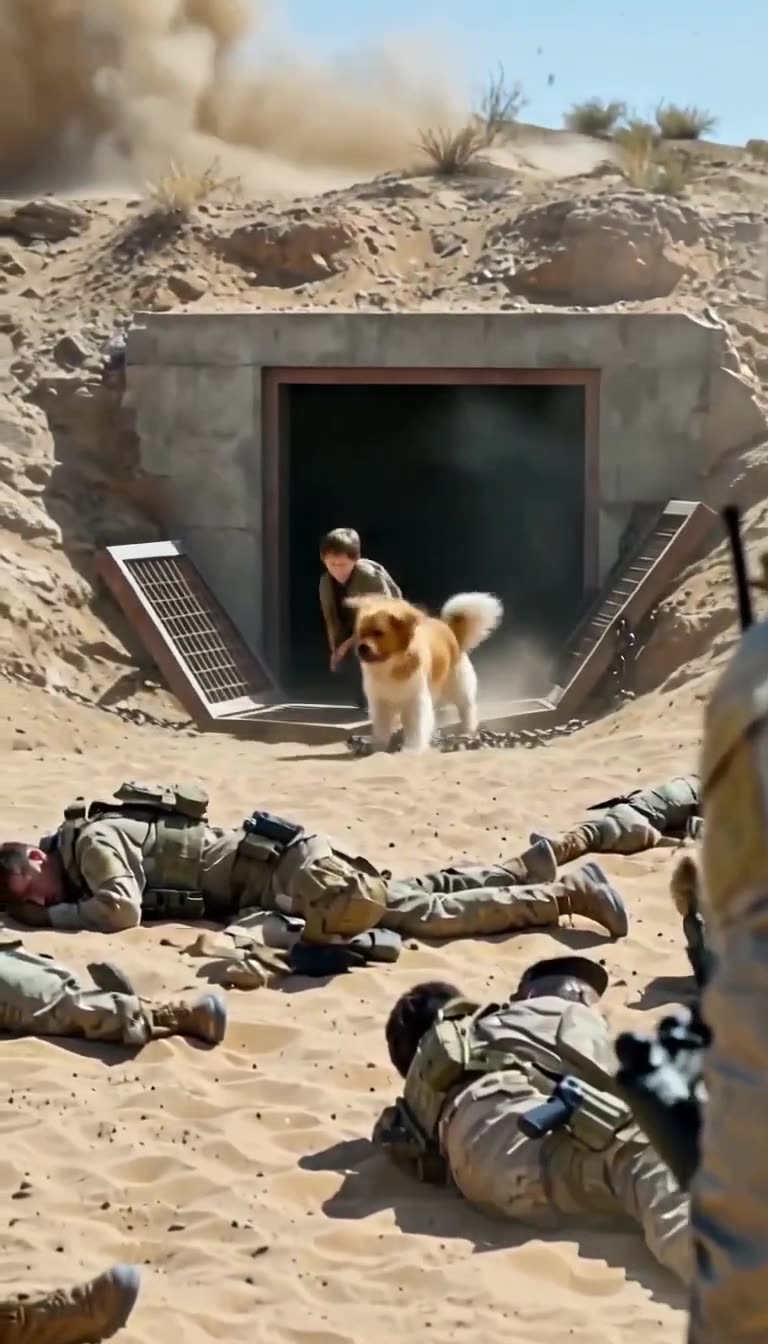 A young boy and a dog emerge safely from an open desert bunker before an explosion