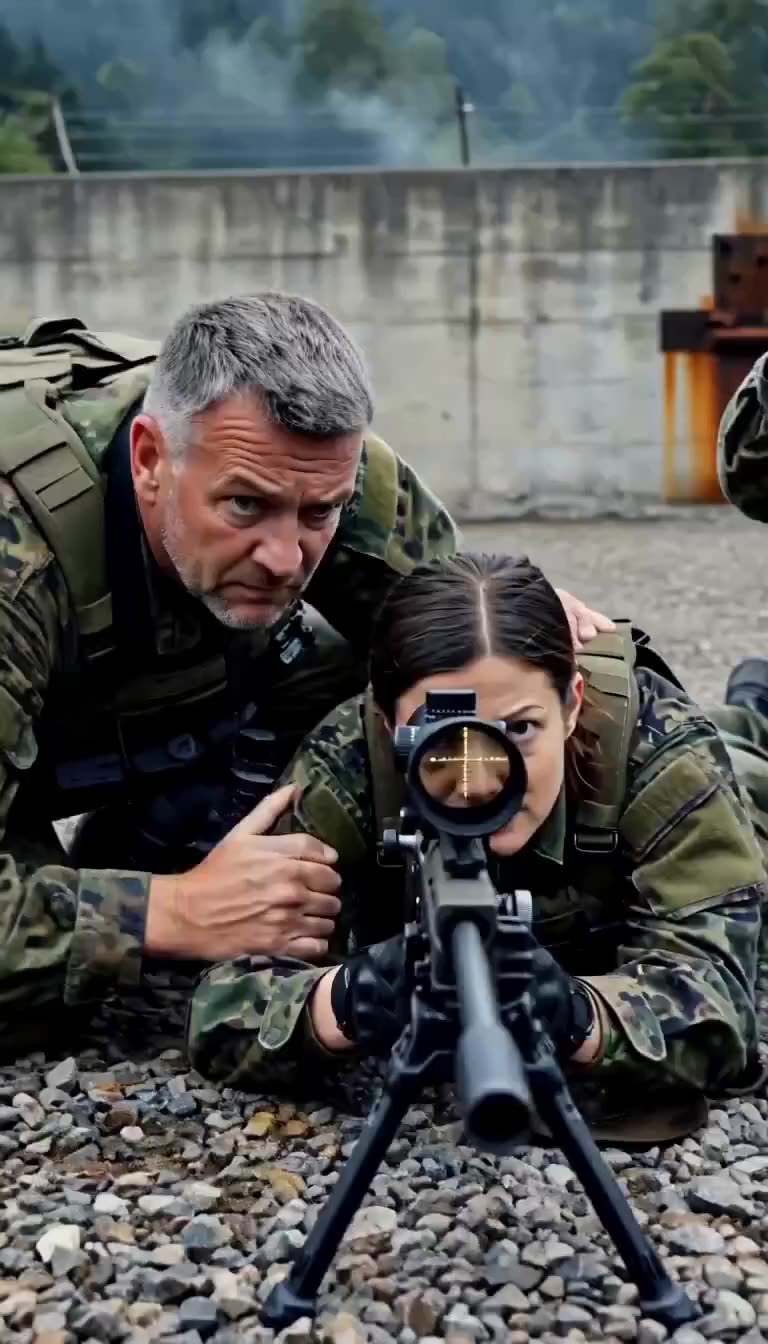 Fokussierte Scharfschützin zielt durch die Optik ihres Gewehrs, während der Kommandant prüfend zusieht.