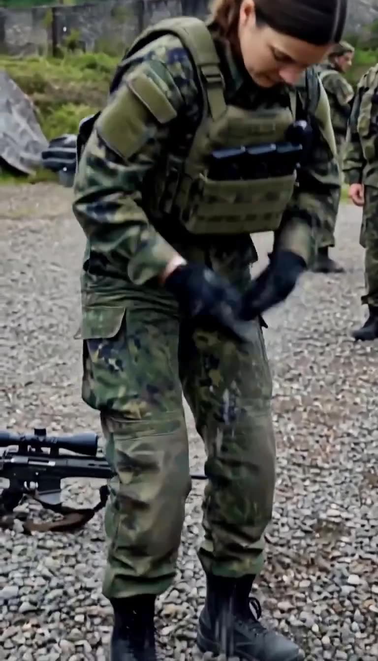 Die Schützin steht nach dem Präzisionsschuss auf und reinigt ruhig ihre Tarnkleidung vom Schotterstaub.
