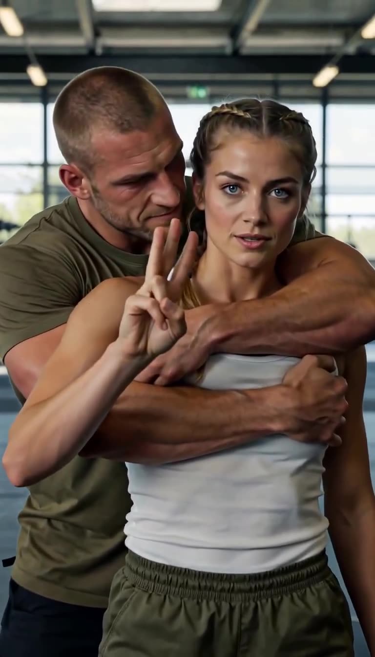 Camille holds up three fingers calmly in front of Julien's face to begin her countdown.