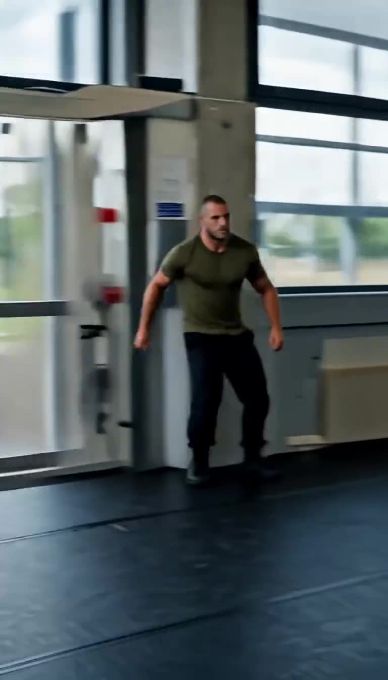 Julien recoils backward across the training floor after Camille's swift escape