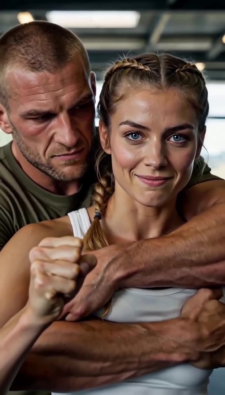 Close-up of the female recruit smiling serenely while held in a headlock, raising her fist in warning