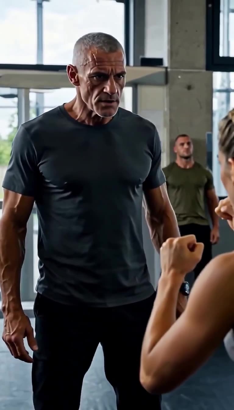 A battle-scarred senior military commander steps forward to confront the female fighter in the gym