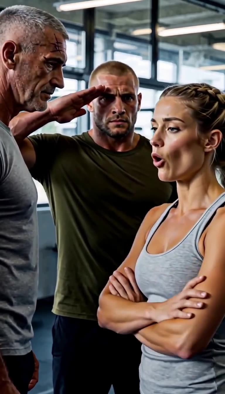 Julien snaps to a rigid salute while Camille crosses her arms and issues a calm command