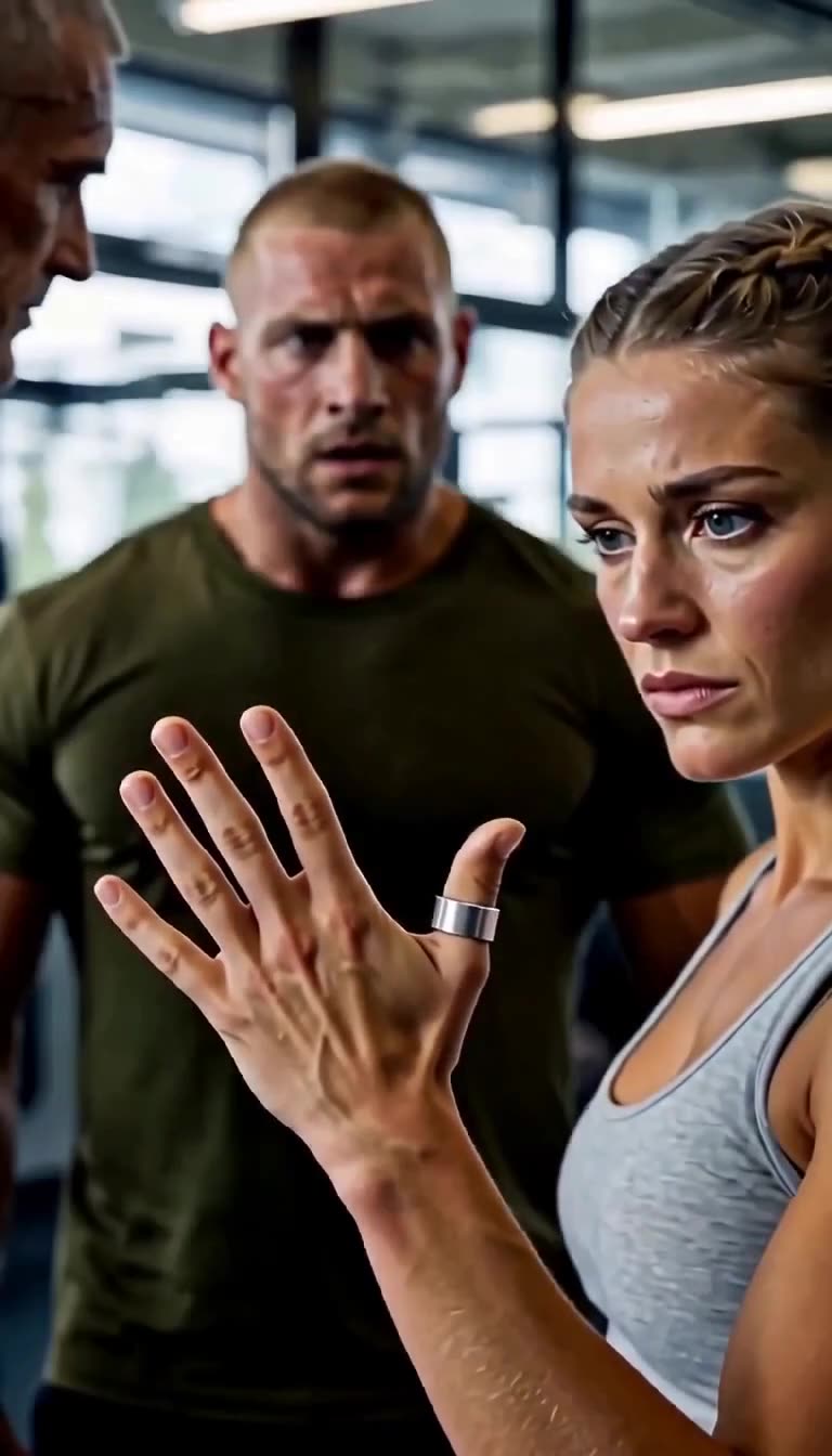 A composed blonde female soldier raising her open hand to reveal a silver ring while instructors watch