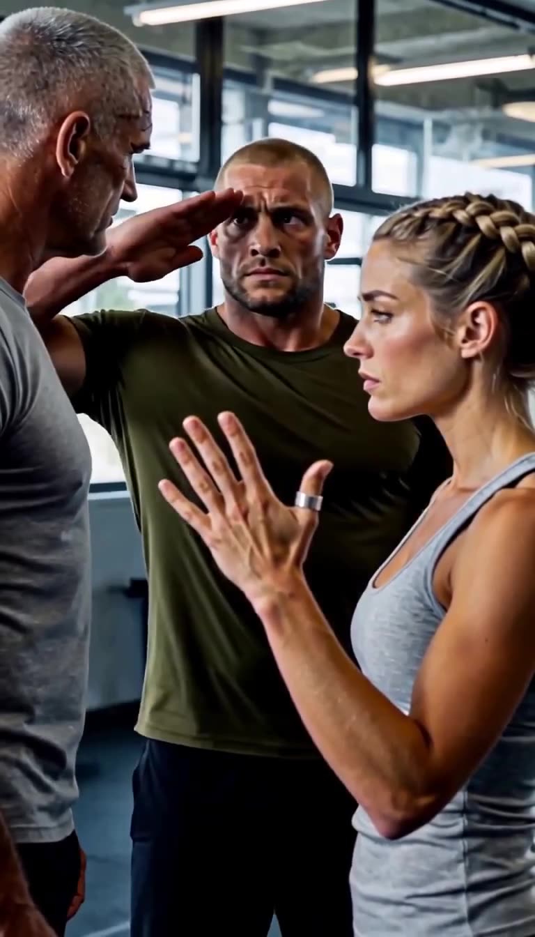 The scarred military instructor snapping to attention with a salute toward the calm female operative