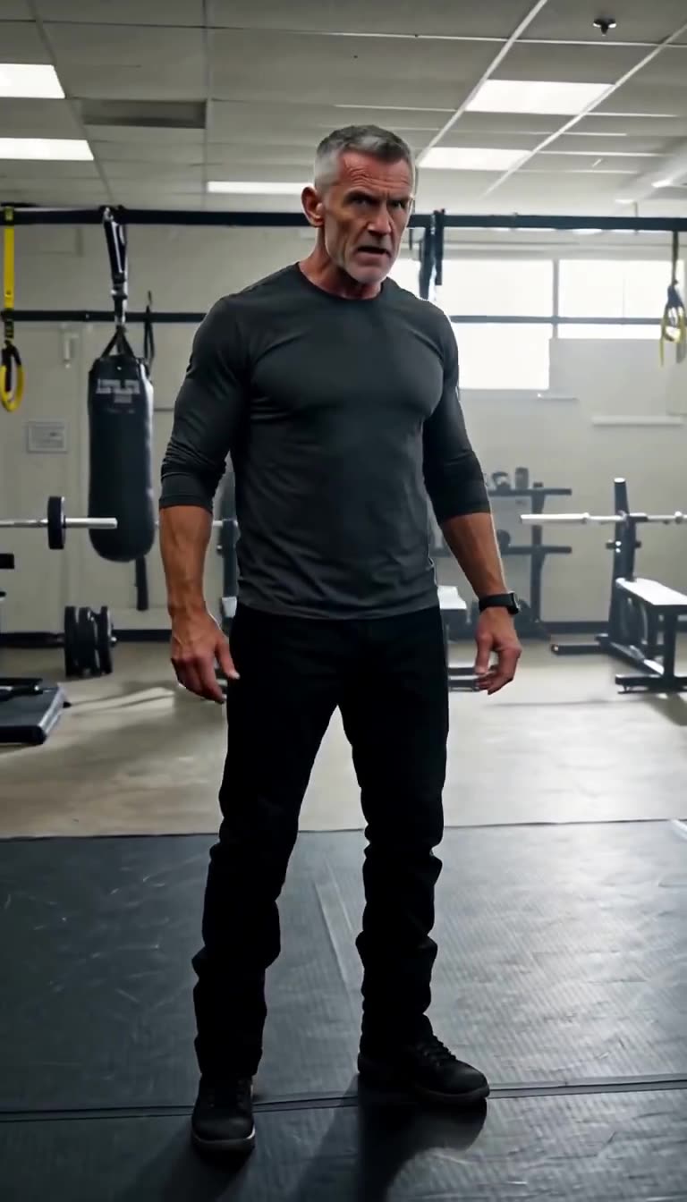 Veteran instructor Thomas enters the combat gym with an authoritative, stern glare.