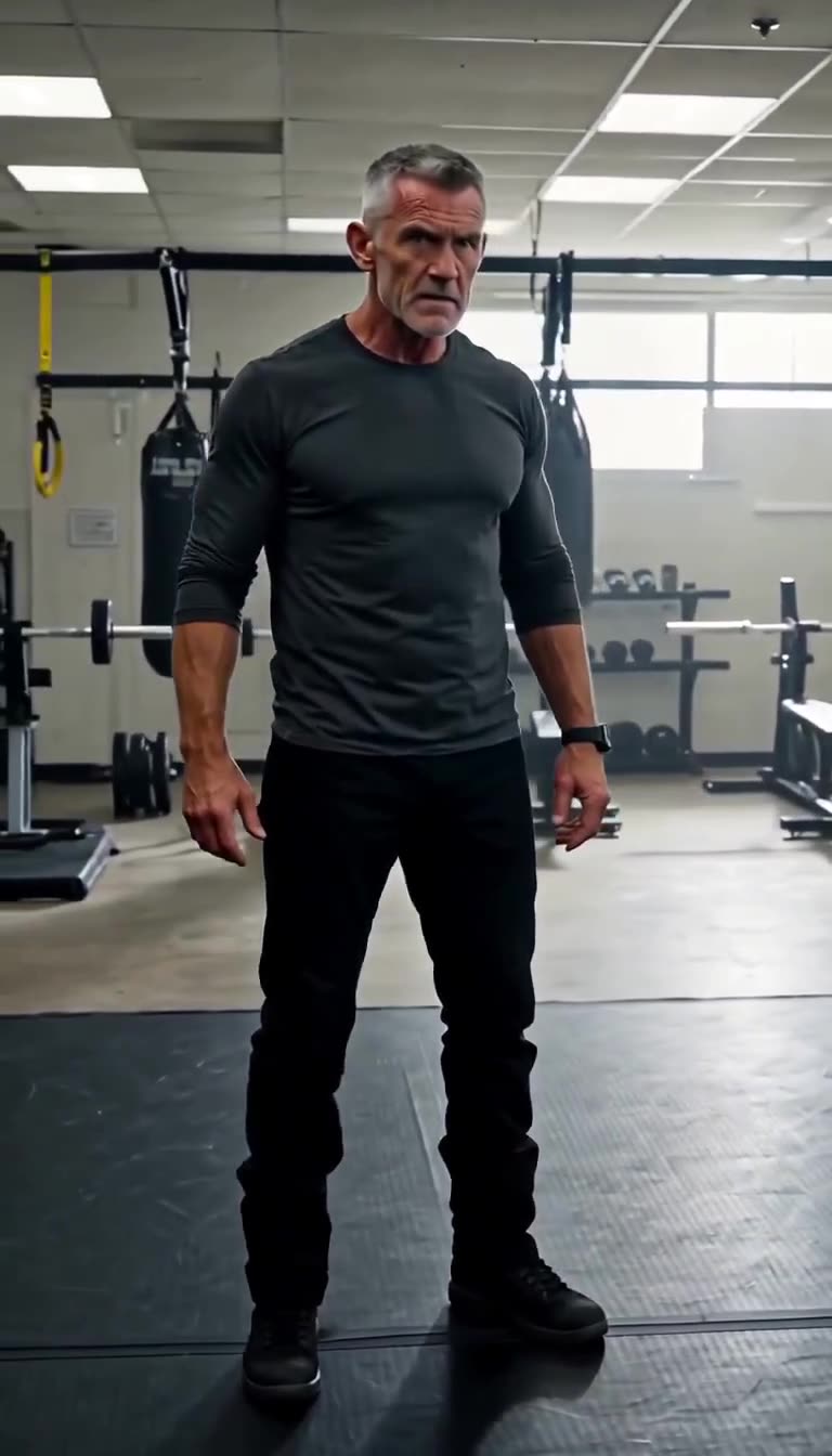 A stern, muscular senior commander standing in black athletic gear observing the training mats.