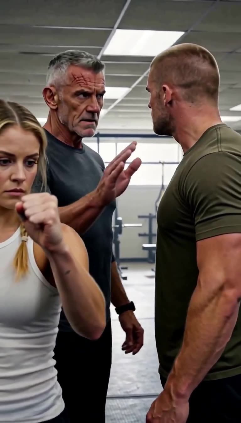 Instructor Thomas raises a stern hand between Tyler and Riley to halt the dispute