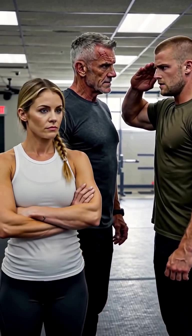 Tyler snaps into a rigid military salute as Riley crosses her arms in commanding silence