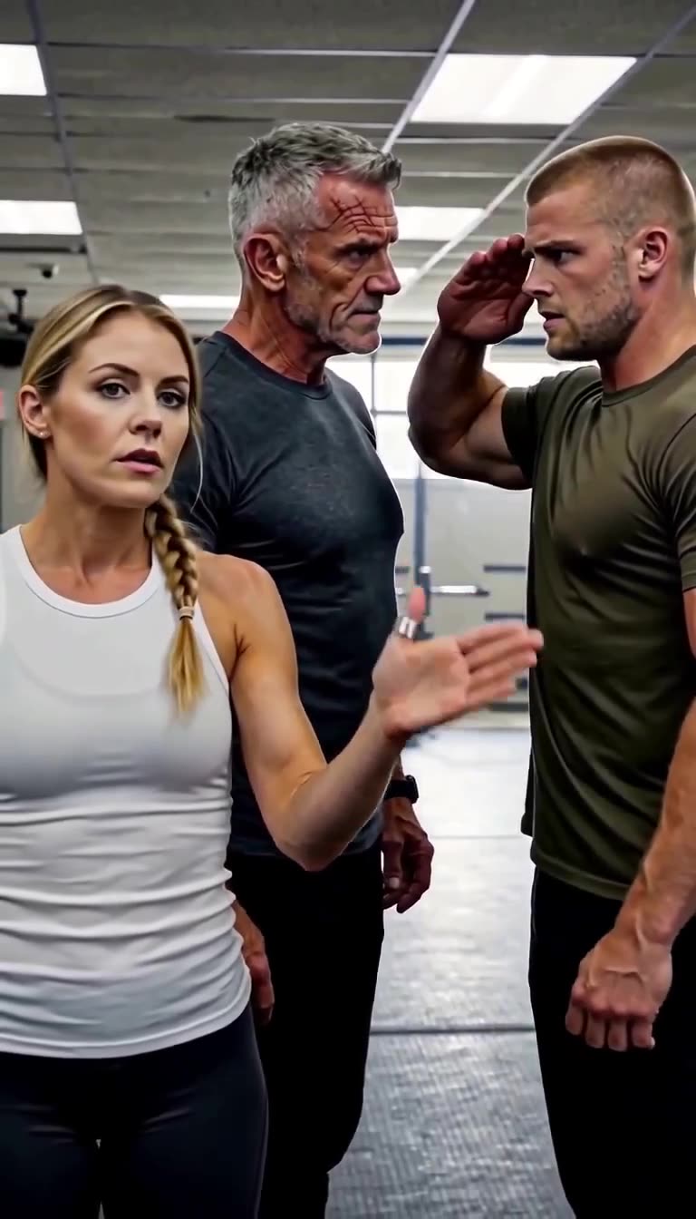The stunned recruit snaps to rigid military attention and salutes Miller as the veteran commander looks on.