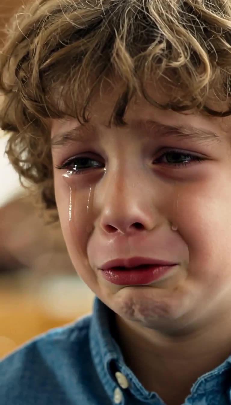 A crying seven-year-old schoolboy with blond curls weeps openly as tears stream down his face.