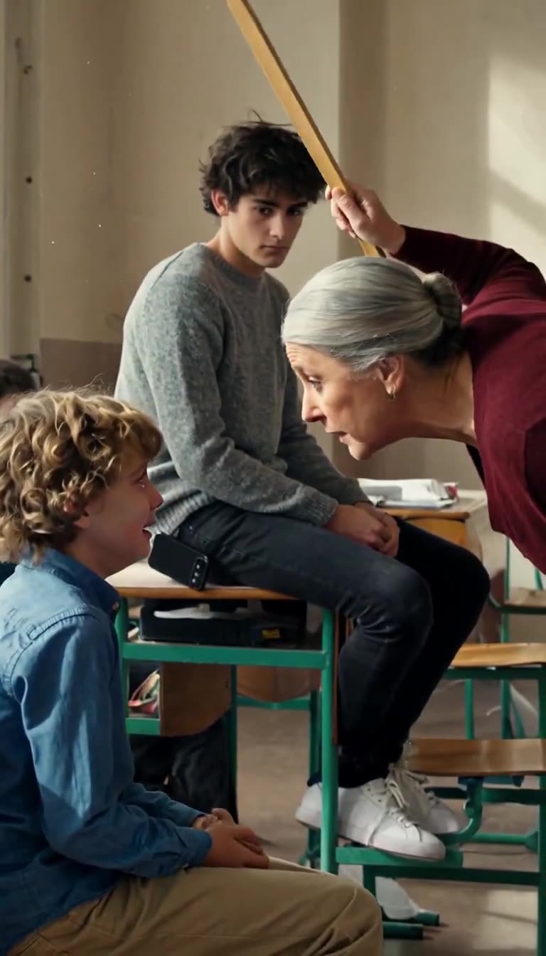 Catherine raises a ruler overhead to strike as a dark-haired teenage student observes intently behind her.